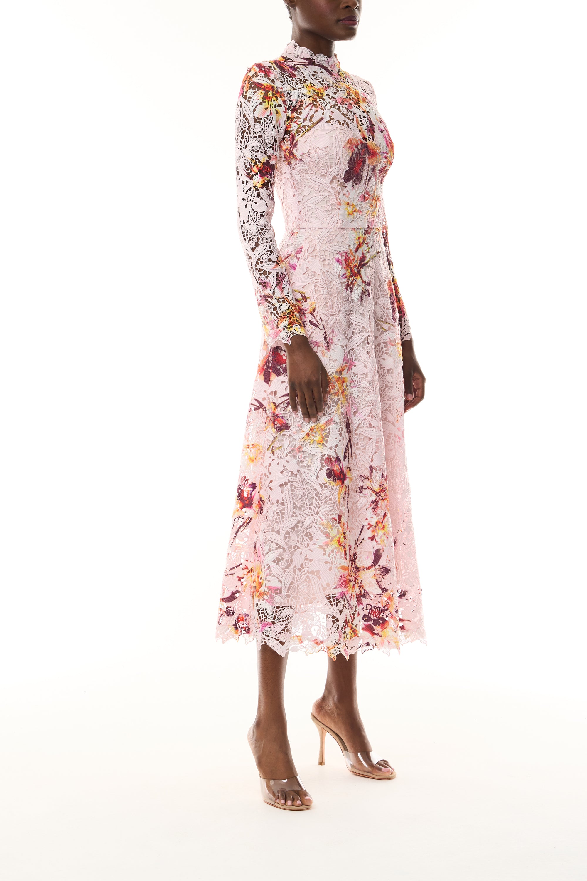 Monique Lhuillier Fall 2026 Lotus Printed Guipure Lace Long Sleeve Dress- side.
