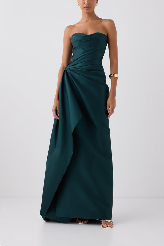 Monique Lhuillier Fall 2026 Juniper Mikado strapless draped gown with side train - front. 