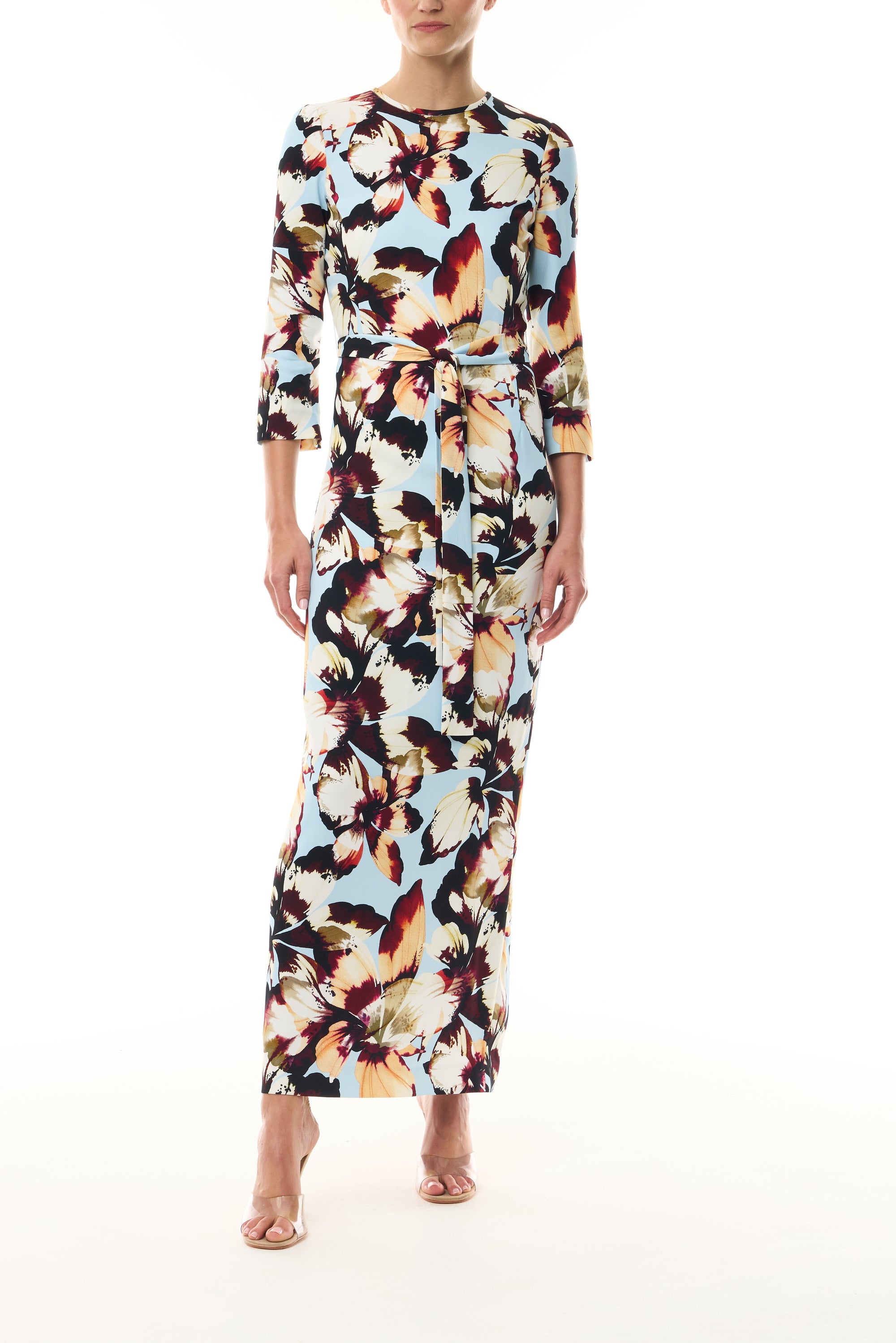 Monique Lhuillier Fall 2026 Breeze/Multi Amber Lily Stretch Crepe bracelet sleeve self tie ankle length dress - front.