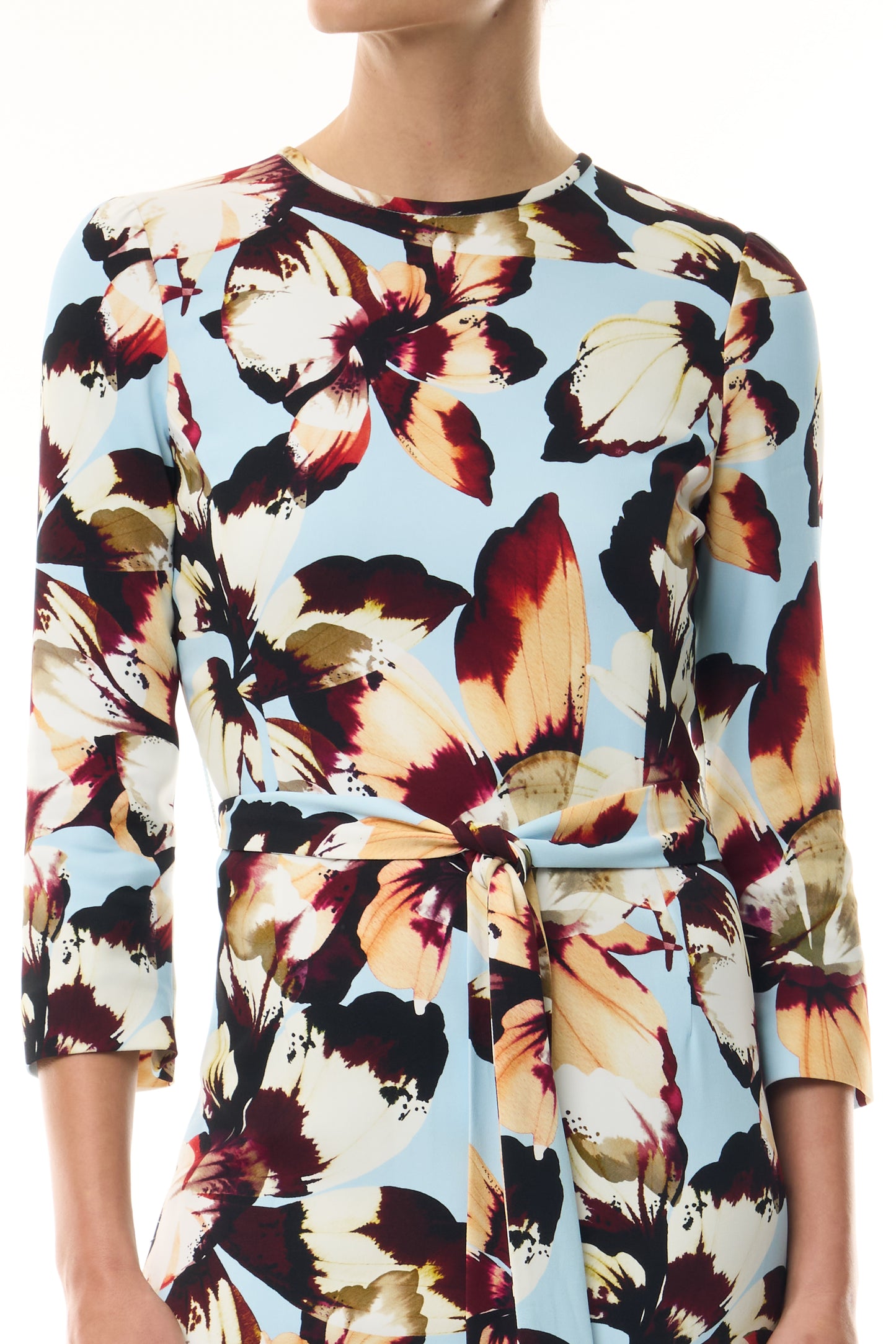 Monique Lhuillier Fall 2026 Breeze/Multi Amber Lily Stretch Crepe bracelet sleeve self tie ankle length dress - fabric. 