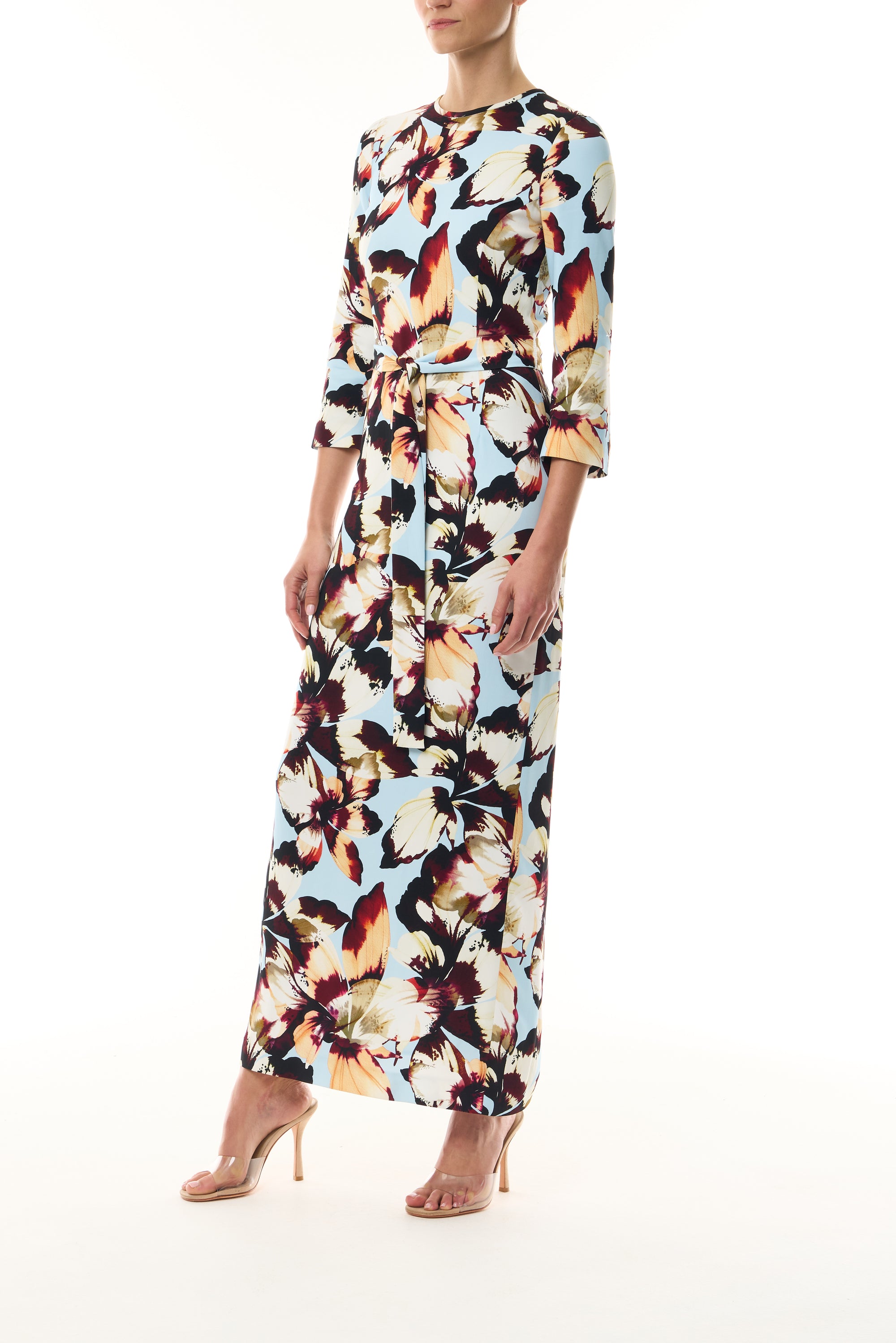 Monique Lhuillier Fall 2026 Breeze/Multi Amber Lily Stretch Crepe bracelet sleeve self tie ankle length dress - side.