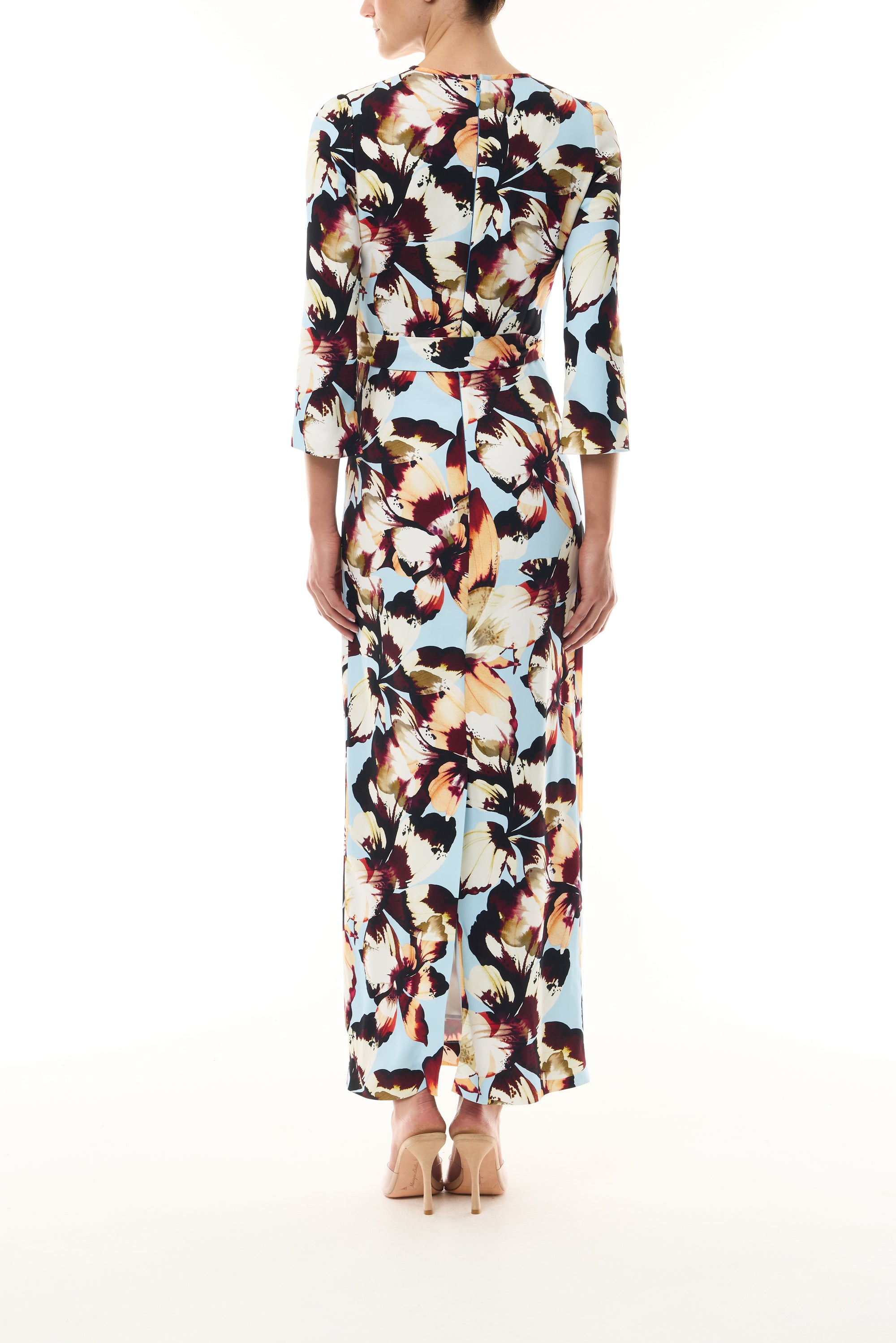 Monique Lhuillier Fall 2026 Breeze/Multi Amber Lily Stretch Crepe bracelet sleeve self tie ankle length dress - back.