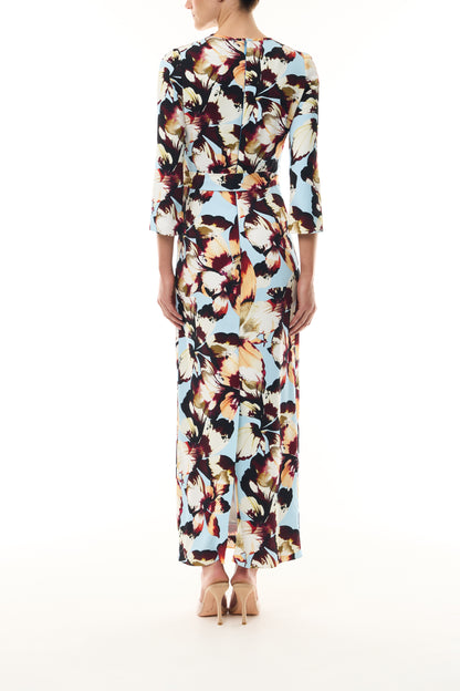 Monique Lhuillier Fall 2026 Breeze/Multi Amber Lily Stretch Crepe bracelet sleeve self tie ankle length dress - back.