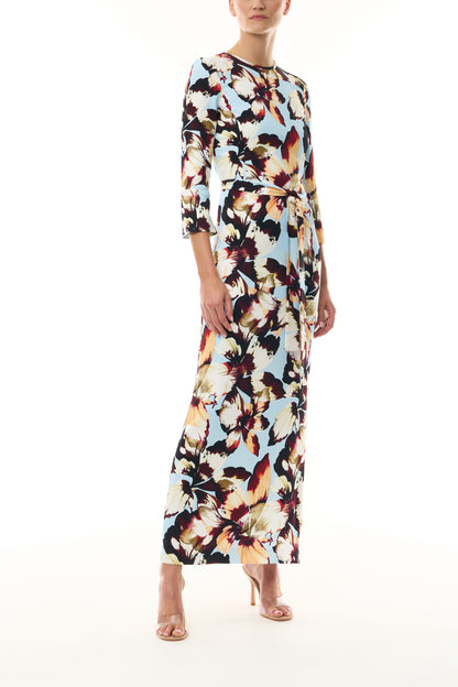Monique Lhuillier Fall 2026 Breeze/Multi Amber Lily Stretch Crepe bracelet sleeve self tie ankle length dress -side.