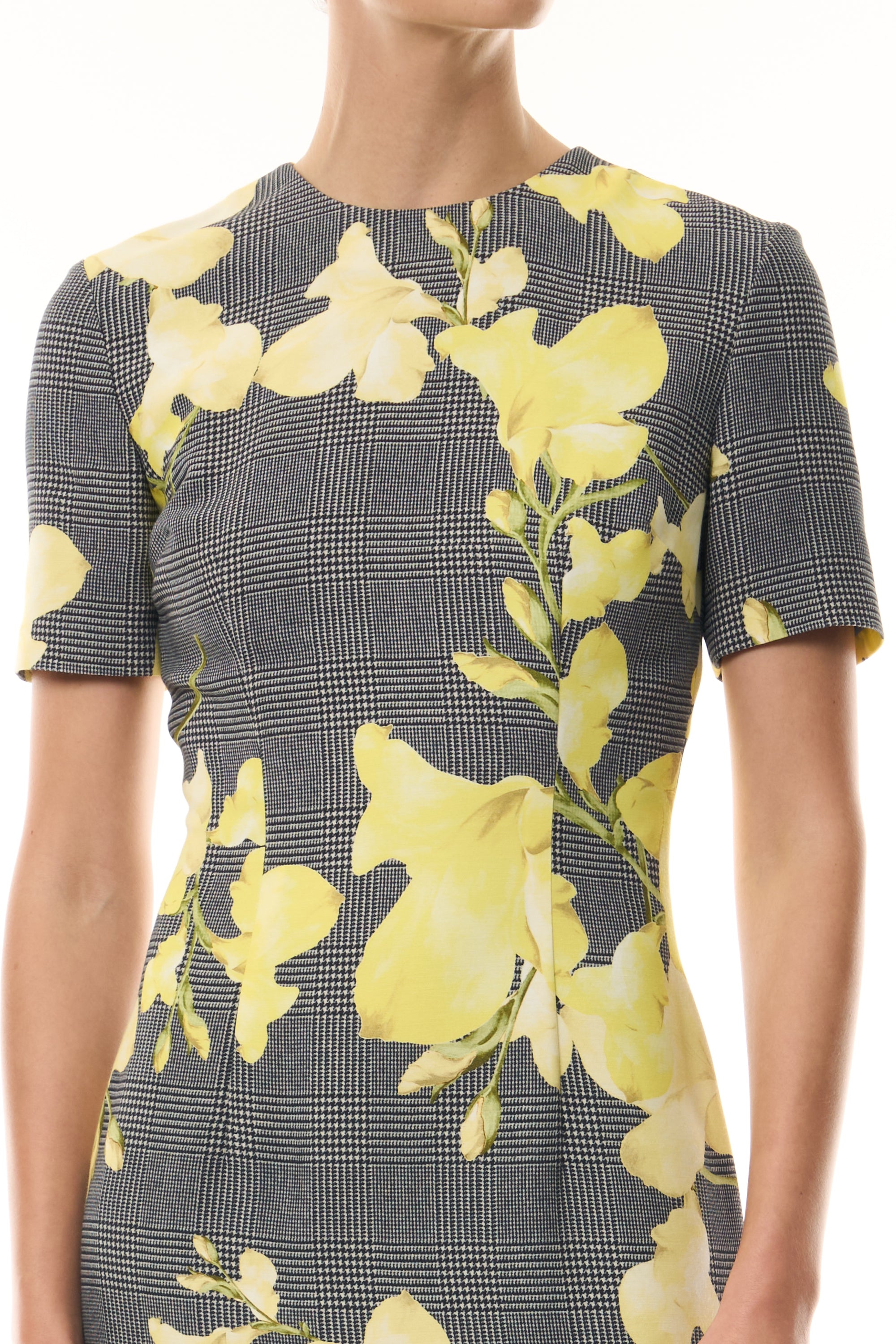 Monique Lhuillier Fall 2026 short sleeve sheath dress in Glen Plaid Snapdragon Printed Crepe Suiting - fabric.