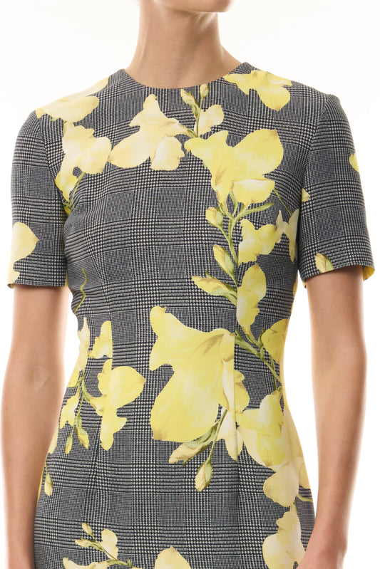 Monique Lhuillier Fall 2026 short sleeve sheath dress in Glen Plaid Snapdragon Printed Crepe Suiting - fabric.