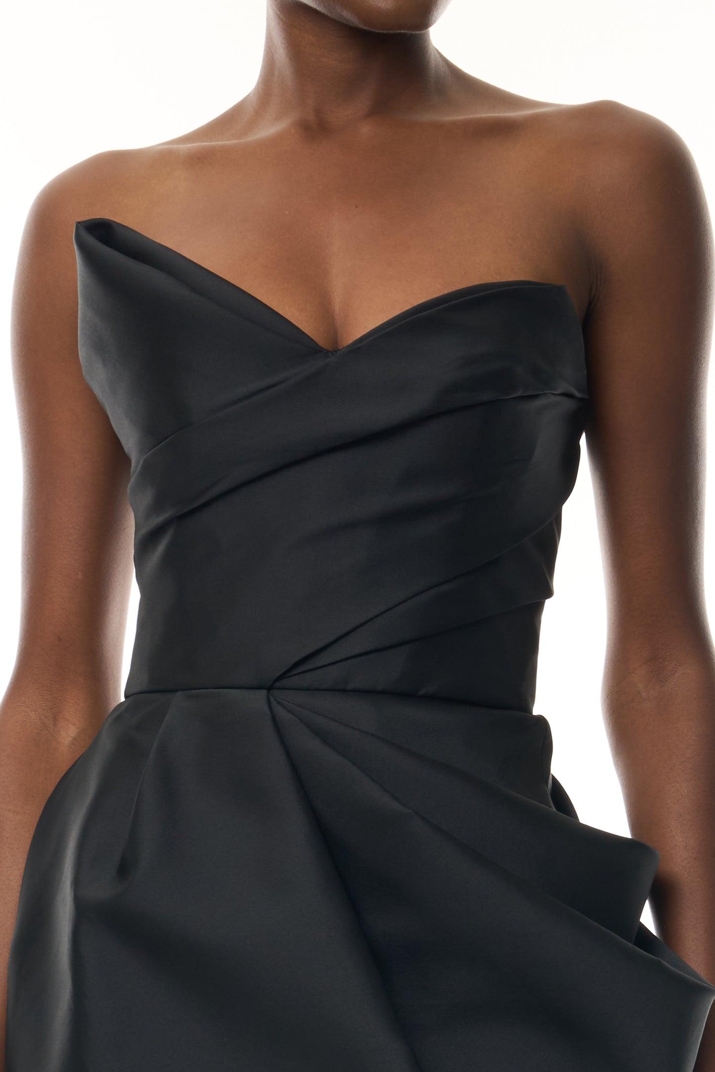 Monique Lhuillier Fall 2026 Strapless Mini Cocktail Dress in Noir Mikado with draped skirt and asymmetrical neckline - fabric.