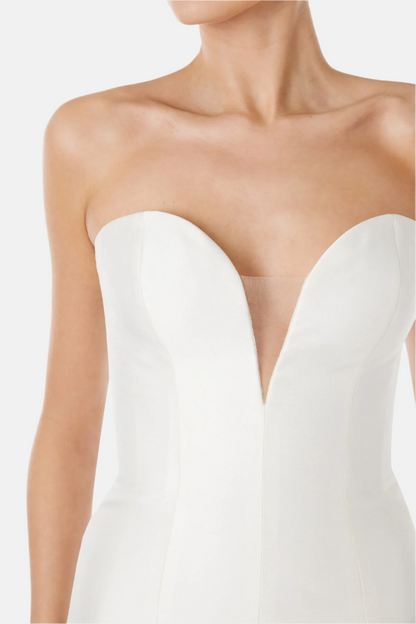 Monique Lhuillier strapless silk white mikado short dress with bubble hem and deep v sweetheart neckline.