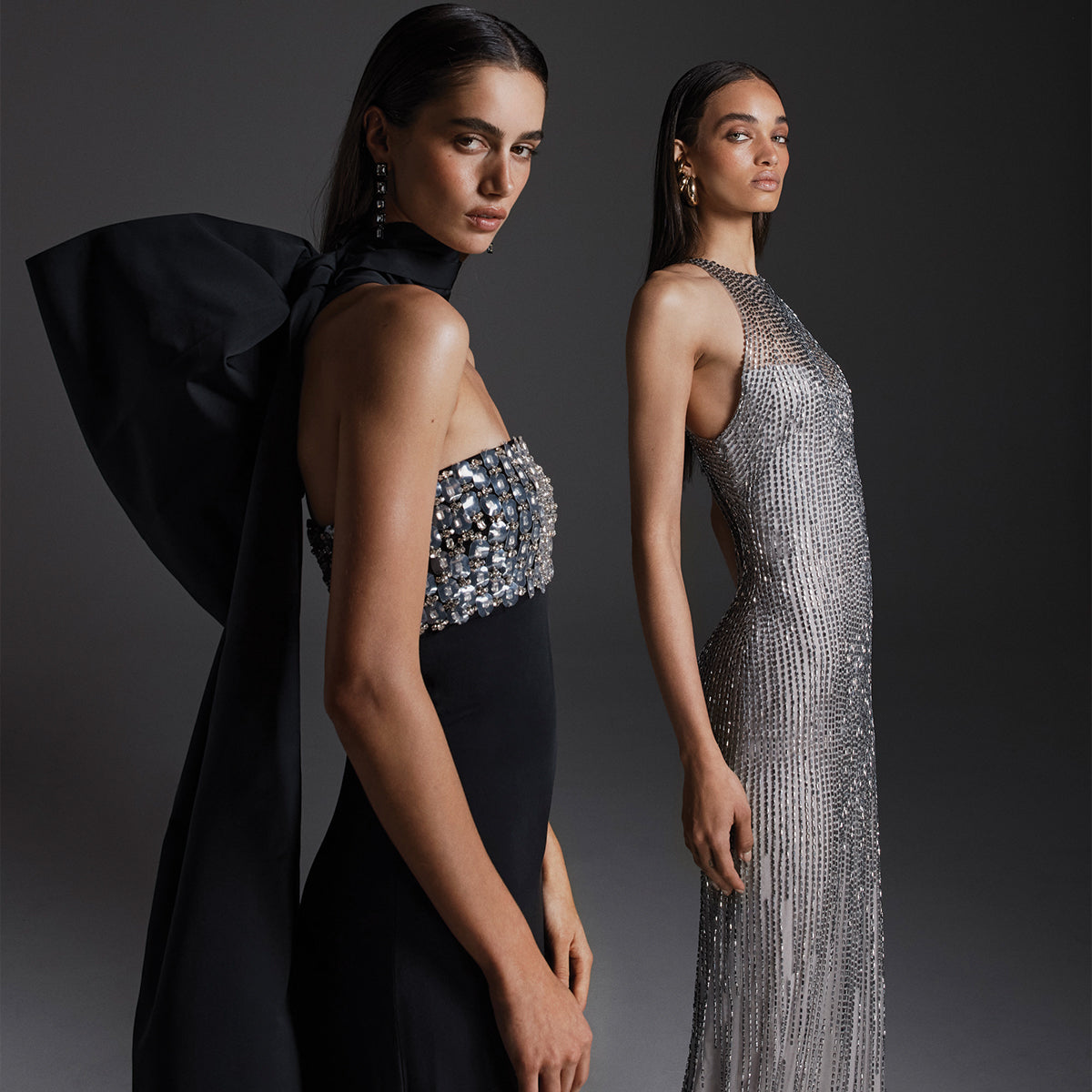 Monique Lhuillier Fall 2026: model on left wearing Noir embroidered crepe strapless deco sheath gown; model on right wearing silver embroidered tulle halter column gown- lookbook.
