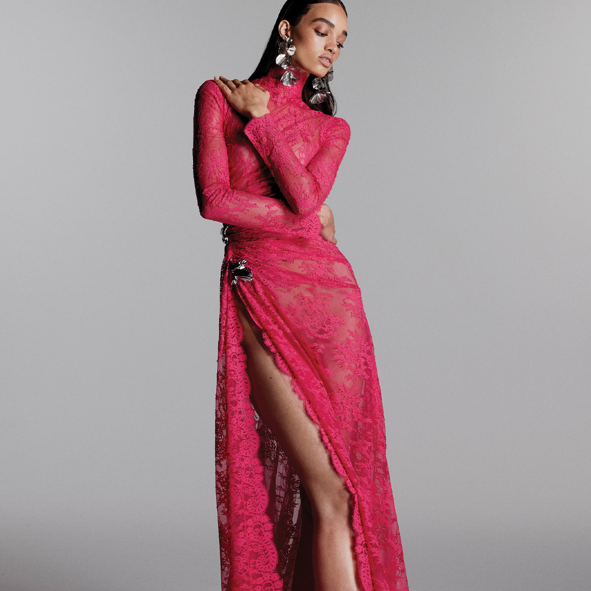 Monique Lhuillier Fall 2026 Pink Chantilly lace high neck long sleeve gown with flower embellishment - lookbook.