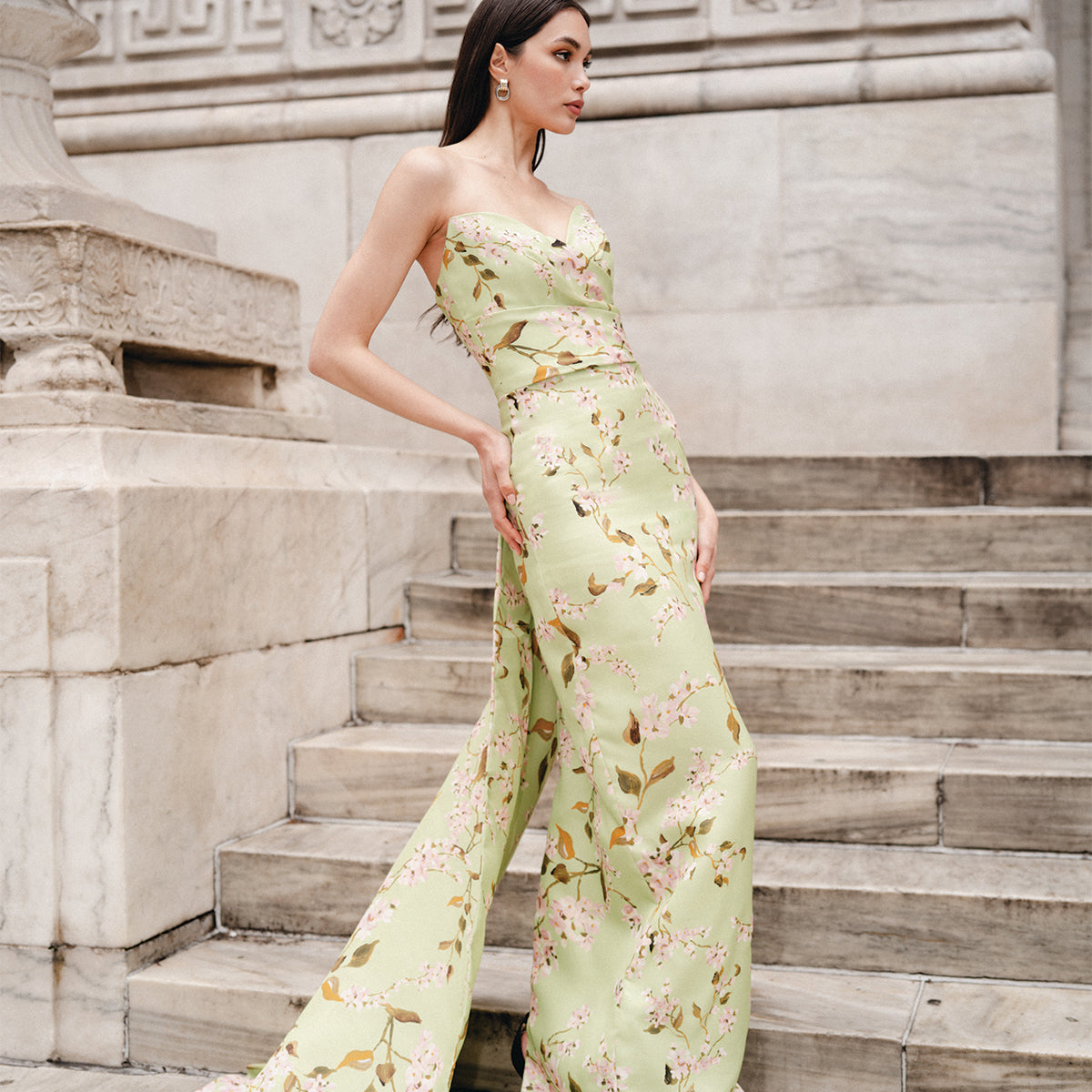 Monique Lhuillier Celadon Floral Column Gown with train - lookbook photo of model on stairs 
