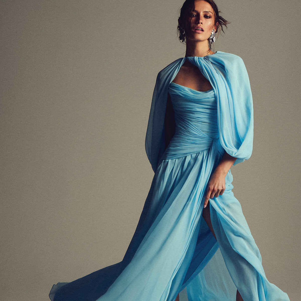 Monique Lhuillier Spring 2027 Bluebell silk chiffon strapless draped bodice gown with coordinating evening cape - lookbook. 