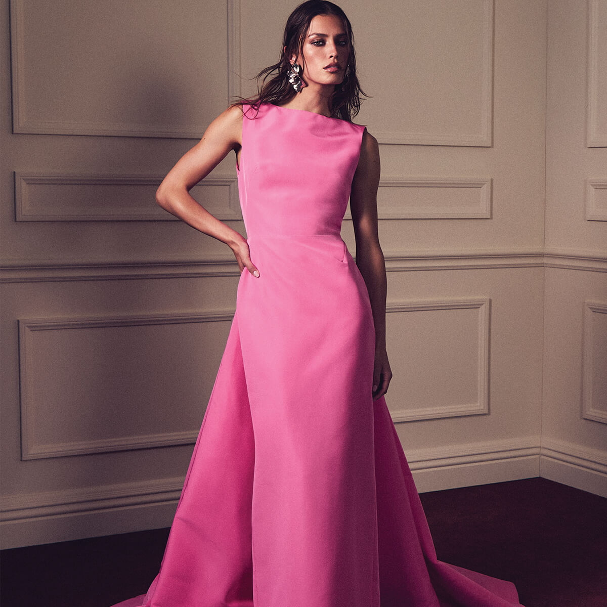 Monique Lhuillier Spring 2027 Carnation silk faille bateau neck column gown with train- lookbook. 