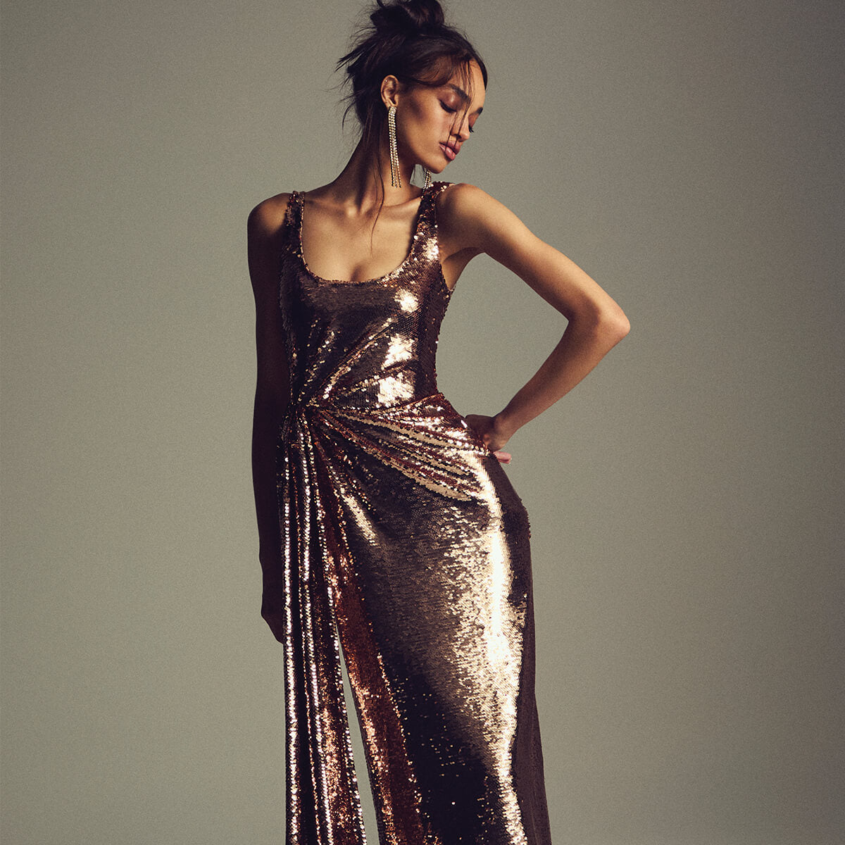 Monique Lhuillier Spring 2027 Rose Gold sequin sleeveless cocktail dress  - lookbook. 