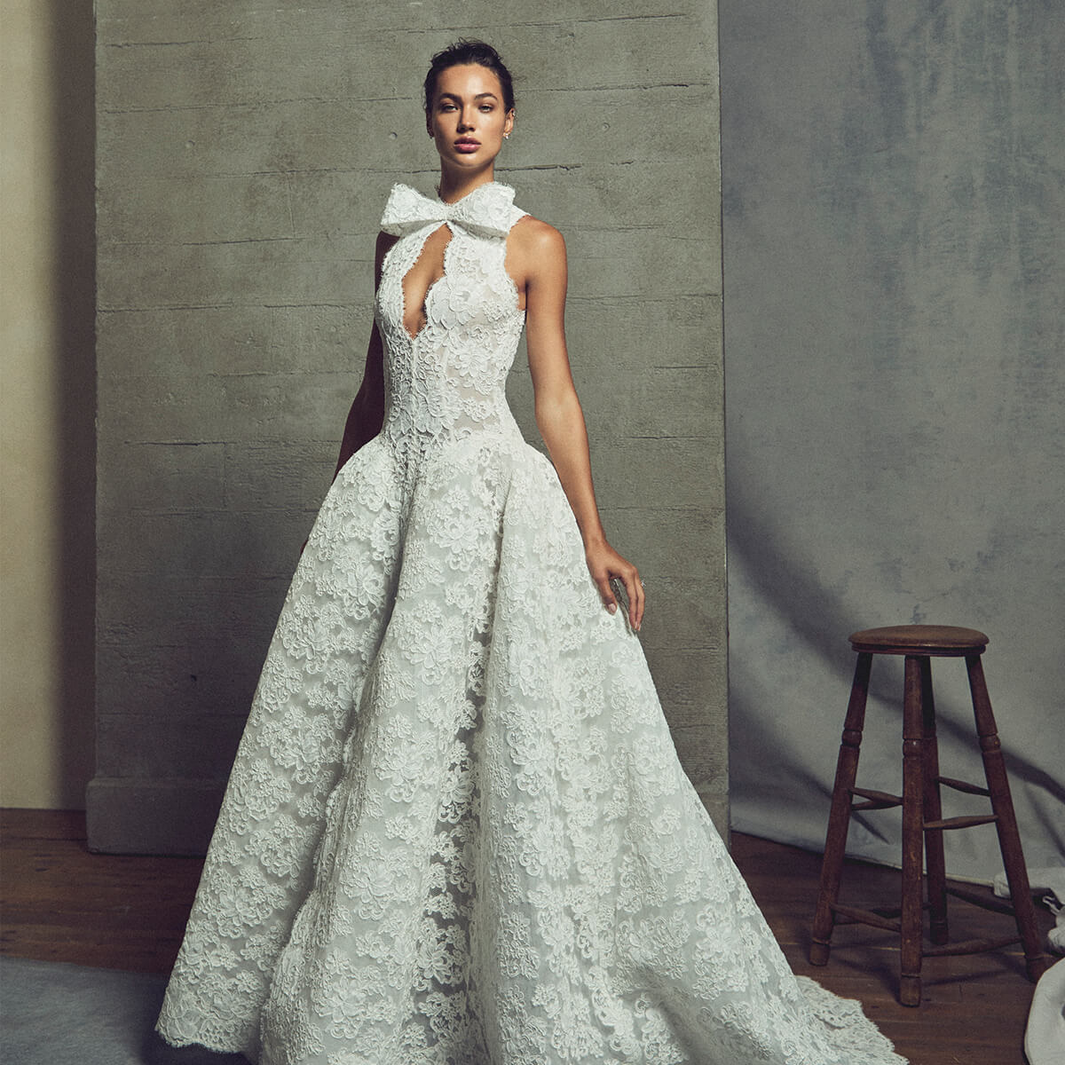 Monique Lhuillier Fall 2027 Bridal Tyler Sleeveless halter dropped waist ball gown in ivory French re-embroidered lace - lookbook.
