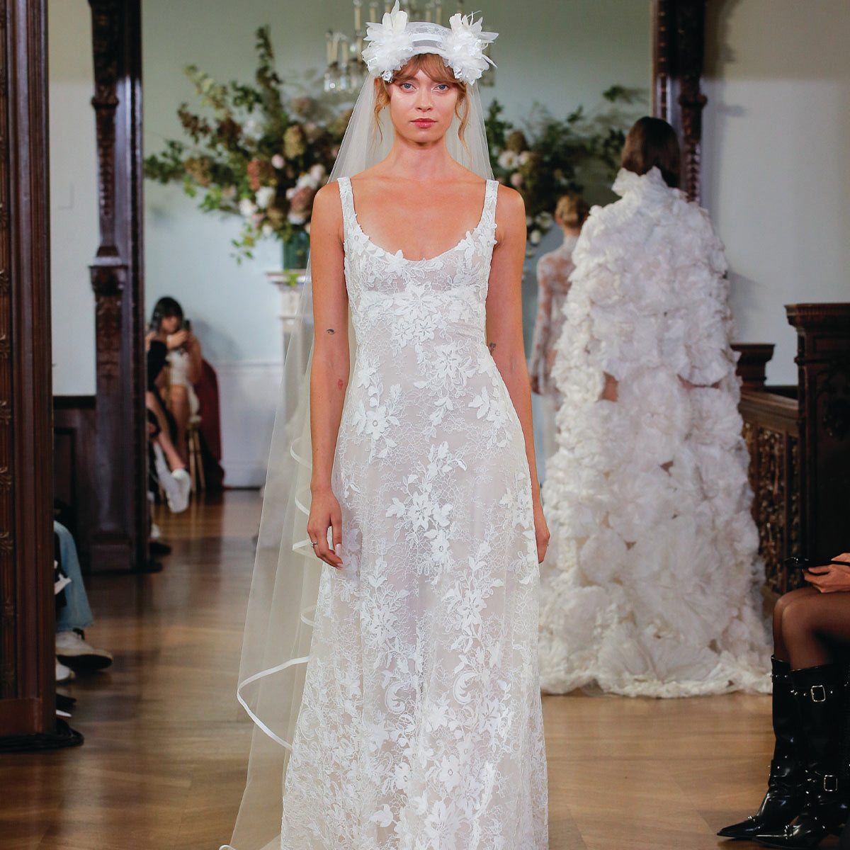 Monique Lhuillier Fall 2026 silk white/pearl embroidered lace scoop neck soft a-line Felicity gown - runway.