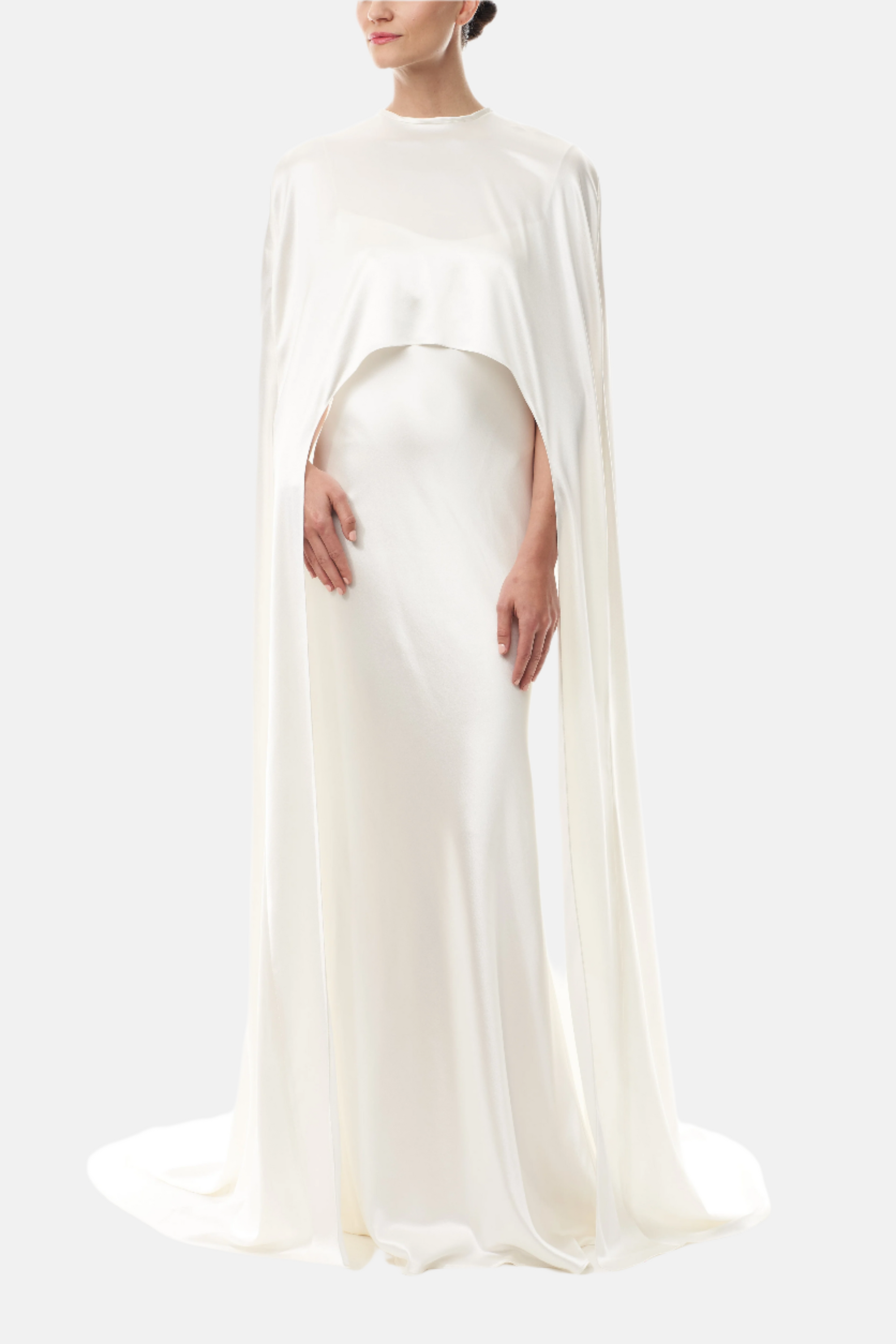 Silk white satin "Viola" cape with long back train and rounded front.  Shown over the Viola silk white satin floor length gown - front.