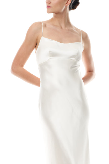 Silk white satin gown with spaghetti straps and tie at back - front crop.