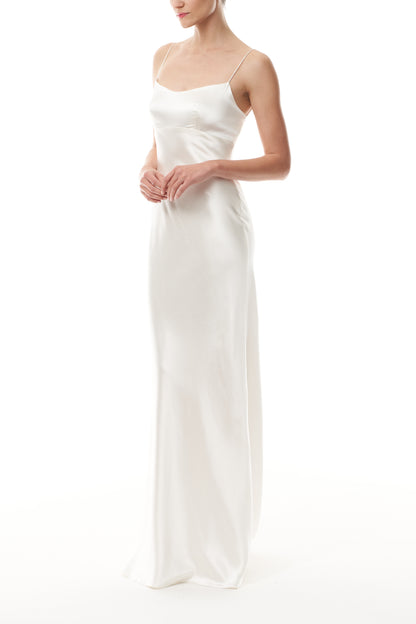 Silk white satin gown with spaghetti straps and tie at back - side.