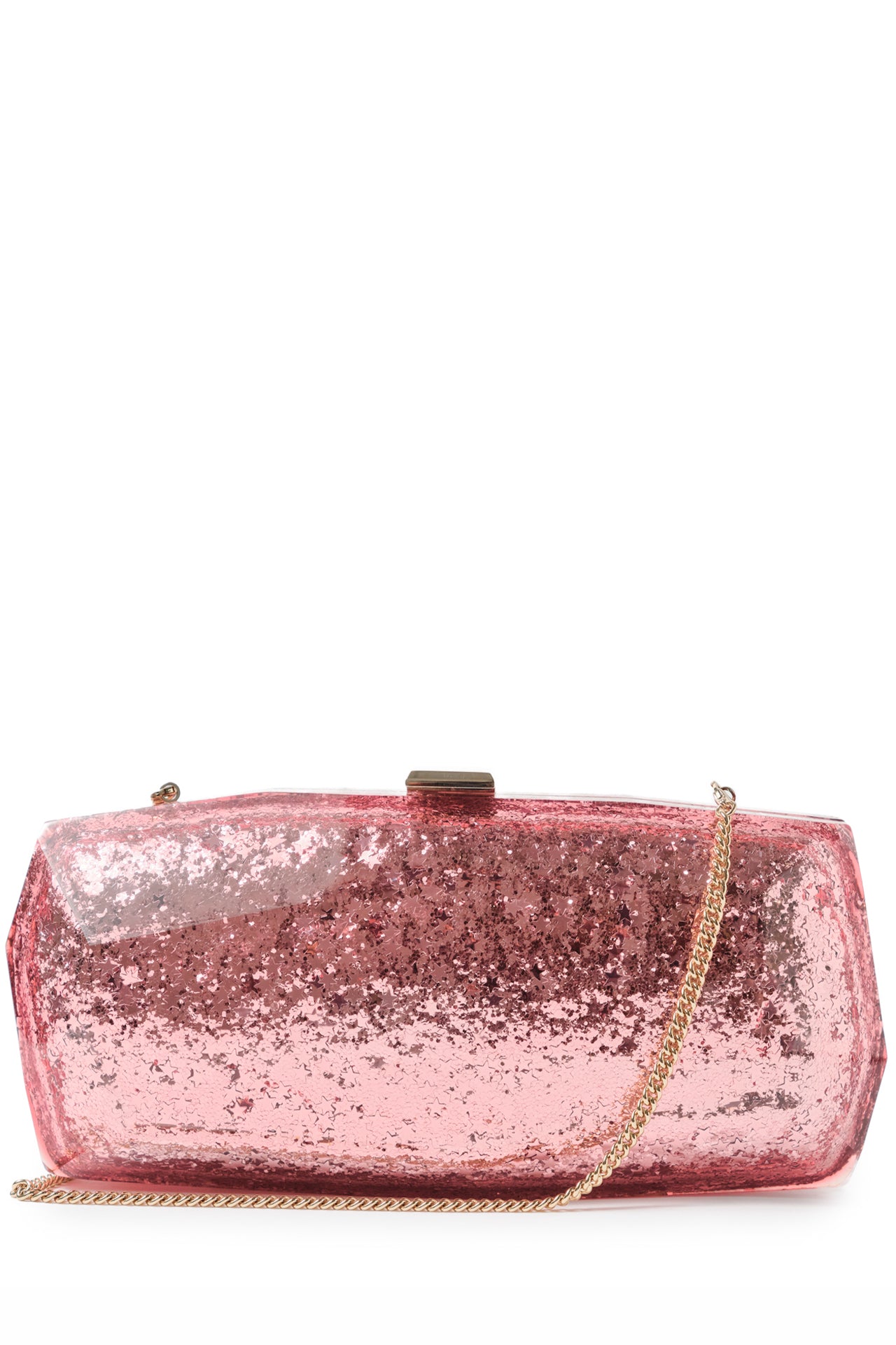 Monique Lhuillier lucite faceted minaudière handbag in Pink Star Glitter with detachable chain- front with chain