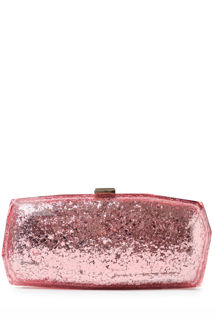 Monique Lhuillier lucite faceted minaudière handbag in Pink Star Glitter with detachable chain-front