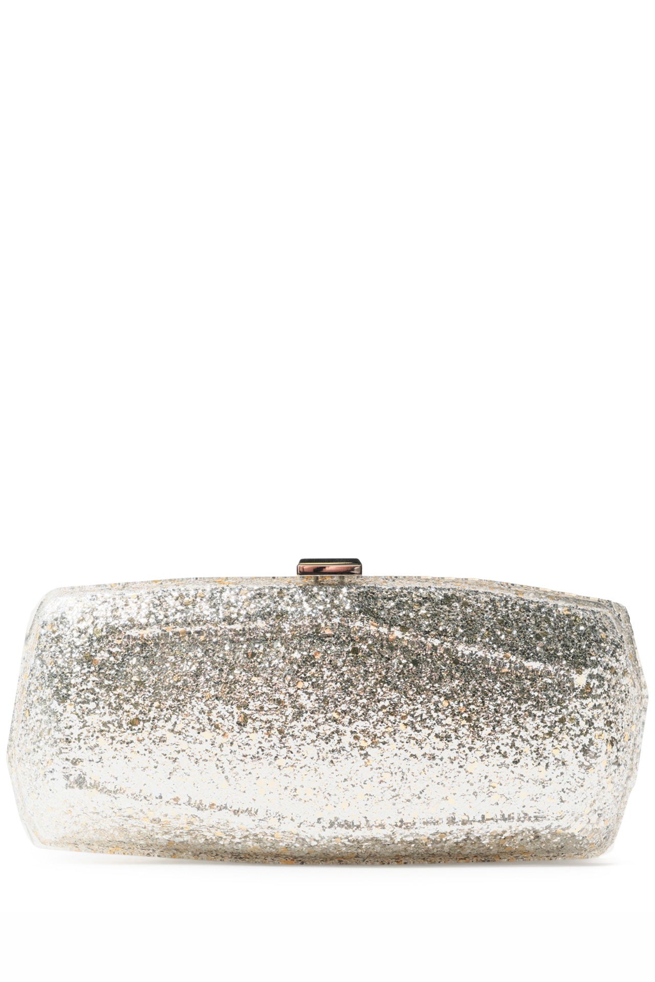 Monique Lhuillier lucite faceted minaudière handbag in Silver Glitter with detachable chain - front without chain.