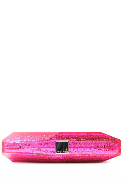 Monique Lhuillier lucite faceted minaudière handbag in Fuchsia Glitter with detachable chain - flat.