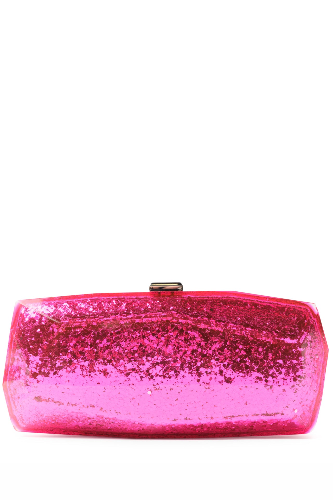 Monique Lhuillier lucite faceted minaudière handbag in Fuchsia Glitter with detachable chain - front without chain.