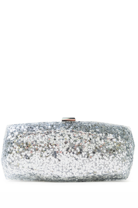 Monique Lhuillier lucite faceted minaudière handbag in Silver Star Glitter with detachable chain - front with chain.