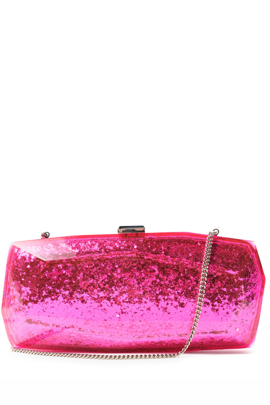 Monique Lhuillier lucite faceted minaudière handbag in Fuchsia Glitter with detachable chain - front.