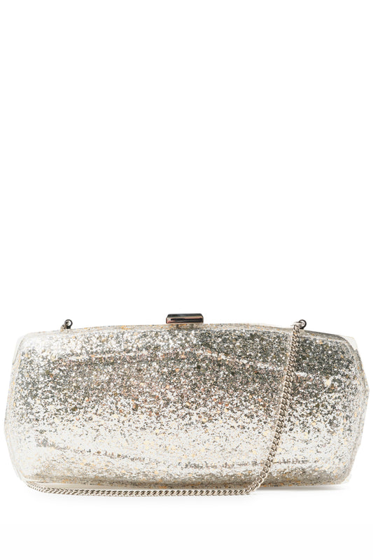 Monique Lhuillier lucite faceted minaudière handbag in Silver Glitter with detachable chain - front.