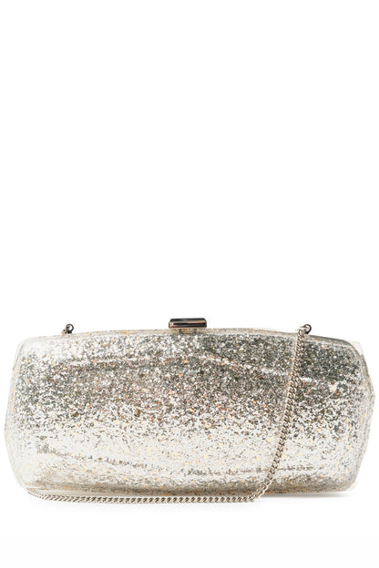 Monique Lhuillier lucite faceted minaudière handbag in Silver Glitter with detachable chain - front.