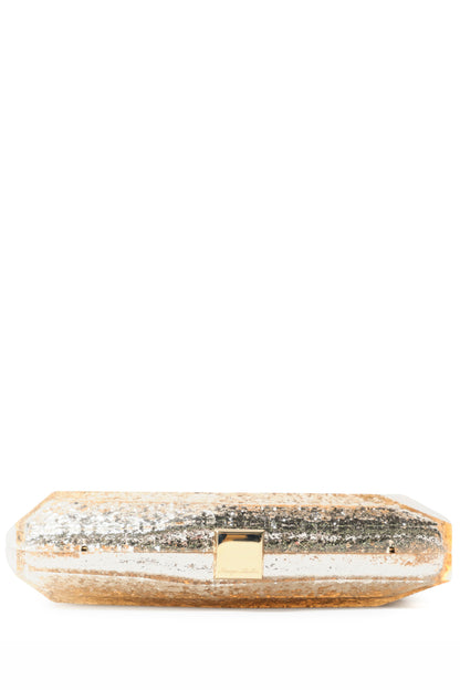 Monique Lhuillier lucite faceted minaudière handbag in Champagne Glitter with detachable chain - flat.