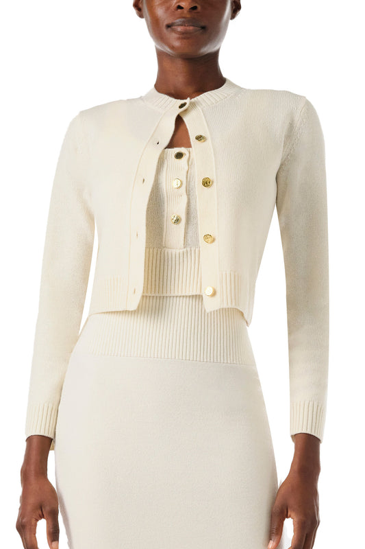 Monique Lhuillier Spring 2024 white knit cropped cardigan - front.