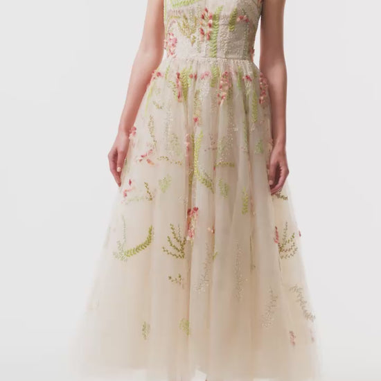 Monique Lhuillier Spring 2025 strapless dress with tea length skirt in Prosecco Multi colored embroidered tulle - video.