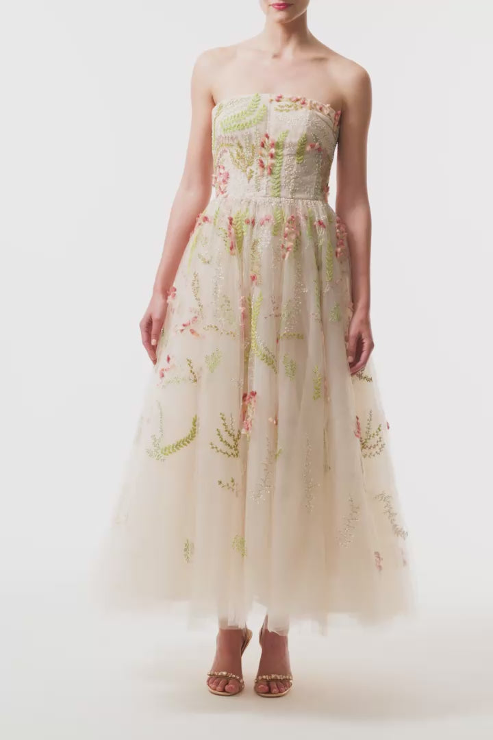 Monique Lhuillier Spring 2025 strapless dress with tea length skirt in Prosecco Multi colored embroidered tulle - video.