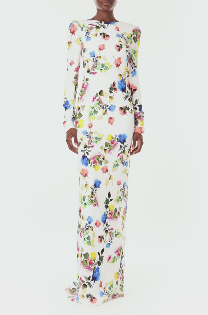 Monique Lhuillier Spring 2024 floral print long sleeve gown with open back and ruching - video.