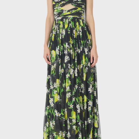 Monique Lhuillier Spring 2025 Strapless gown with draped, cut-out bodice and detached neck scarf in Floral Lemon printed Georgette fabric - video.