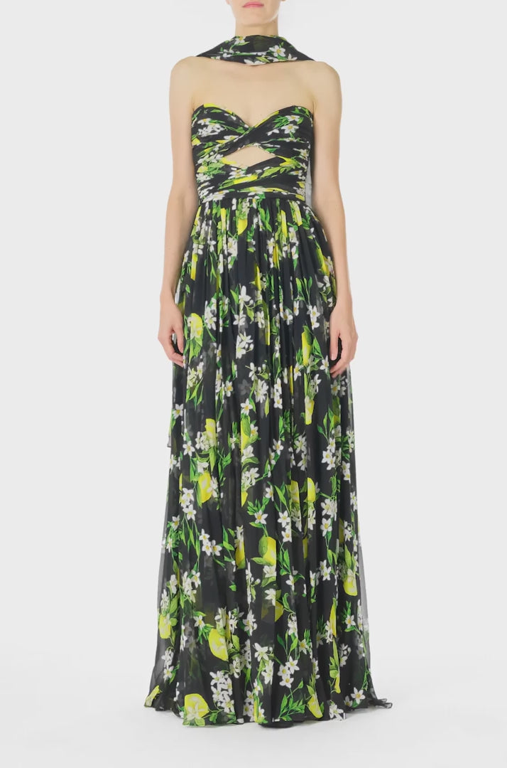 Monique Lhuillier Spring 2025 Strapless gown with draped, cut-out bodice and detached neck scarf in Floral Lemon printed Georgette fabric - video.