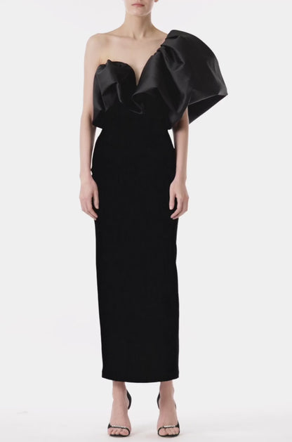 Monique Lhuillier noir velvet and mikado tea-length dress with sculptural one shoulder.