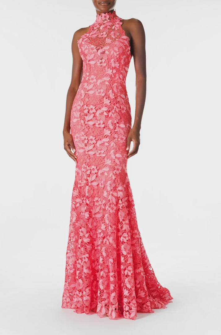 Monique Lhuillier Spring 2025 coral floral lace gown with halter neck, trumpet skirt and lace scalloped edging - video.