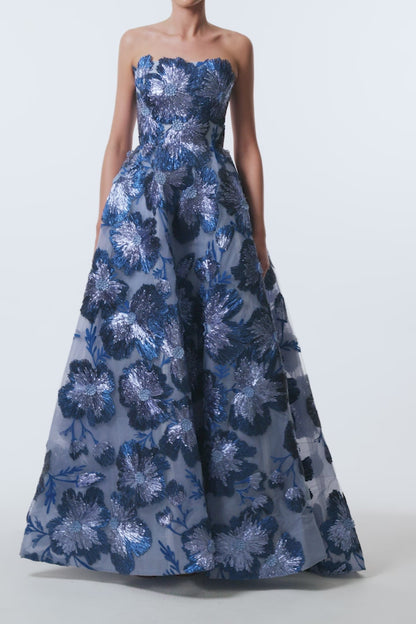 Monique Lhuillier Spring 2026 Lake/Multi Metallic Raffia Floral Embroidered Tulle Strapless ball gown - video.