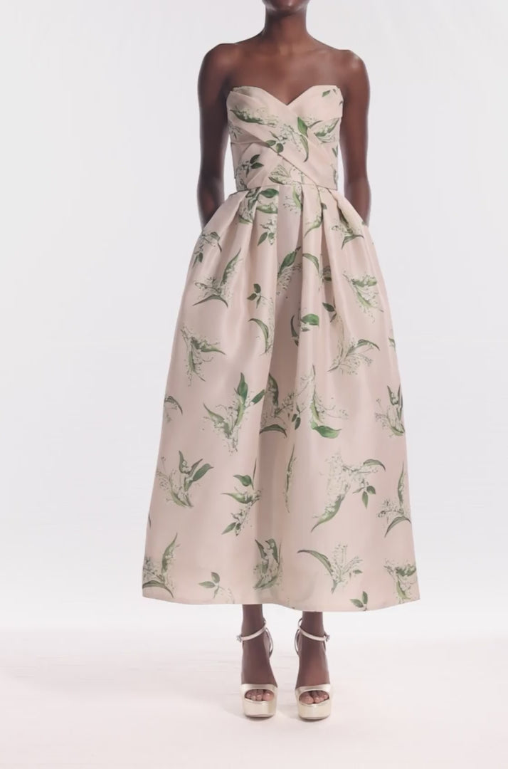 Monique Lhuillier strapless, midi length "Florette" dress in blush & leaf printed organza - video.