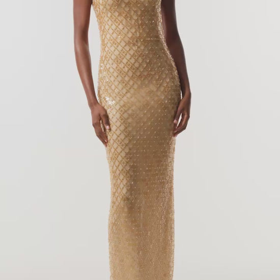 Monique Lhuillier Fall 2026 Gold Embroidered Tulle sleeveless column gown with lattice sequin embroidery - video.