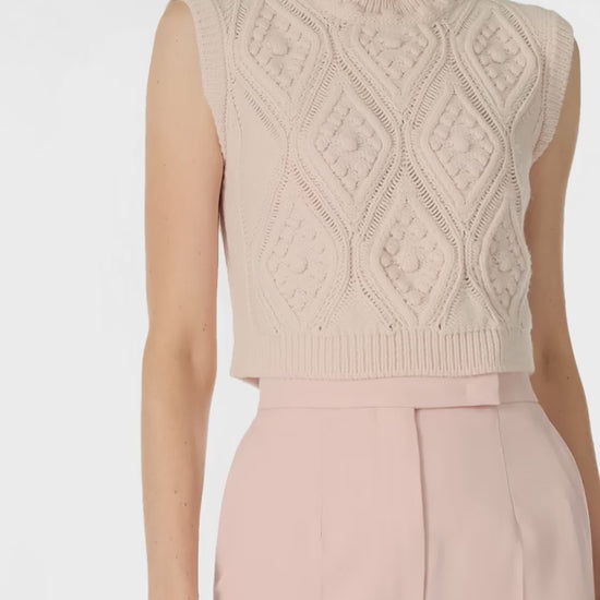 Monique Lhuillier Sleeveless, bobble crop tank in Pale Blush wool cable knit - video.