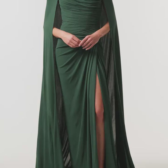 Monique Lhuillier Fall 2026 Sycamore Crepe Jersey strapless draped column gown and coordinating Sycamore Crepe Jersey floor length cape - video. 