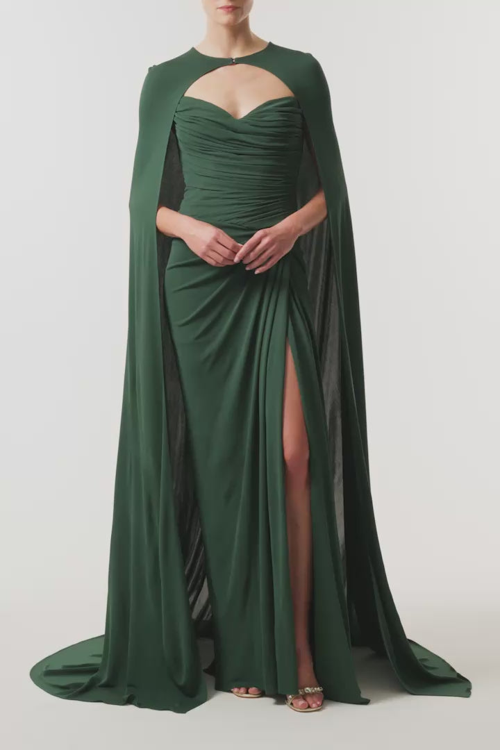 Monique Lhuillier Fall 2026 Sycamore Crepe Jersey strapless draped column gown and coordinating Sycamore Crepe Jersey floor length cape - video. 