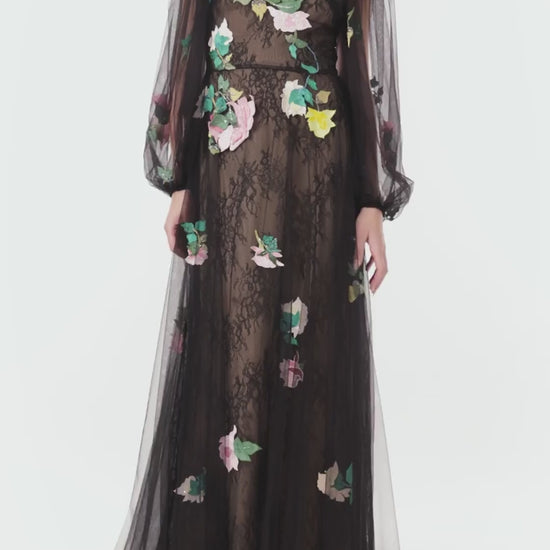 Monique Lhuillier Spring 2024 jewel neck, puff sleeve gown with sheer sleeves and floral embroidery over a lace underlay in black tulle - video.