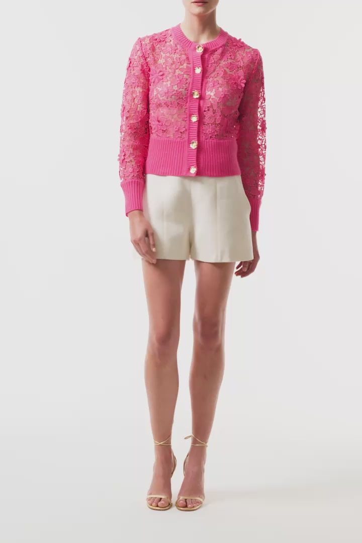 Monique Lhuillier Spring 2025 hibiscus lace cardigan with gold buttons - video.
