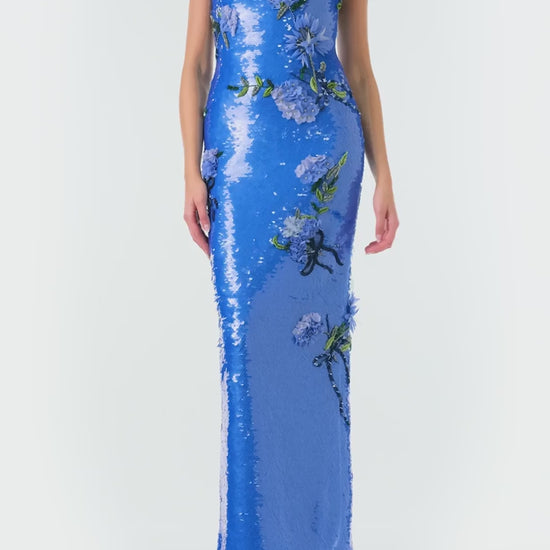 Monique Lhuillier Fall 2024 fitted, strapless column gown in Sky Blue sequin and Floral embroidery - video.
